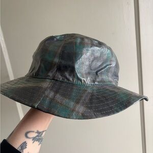 Plaid Bucket Rain Hat in Green and Gray